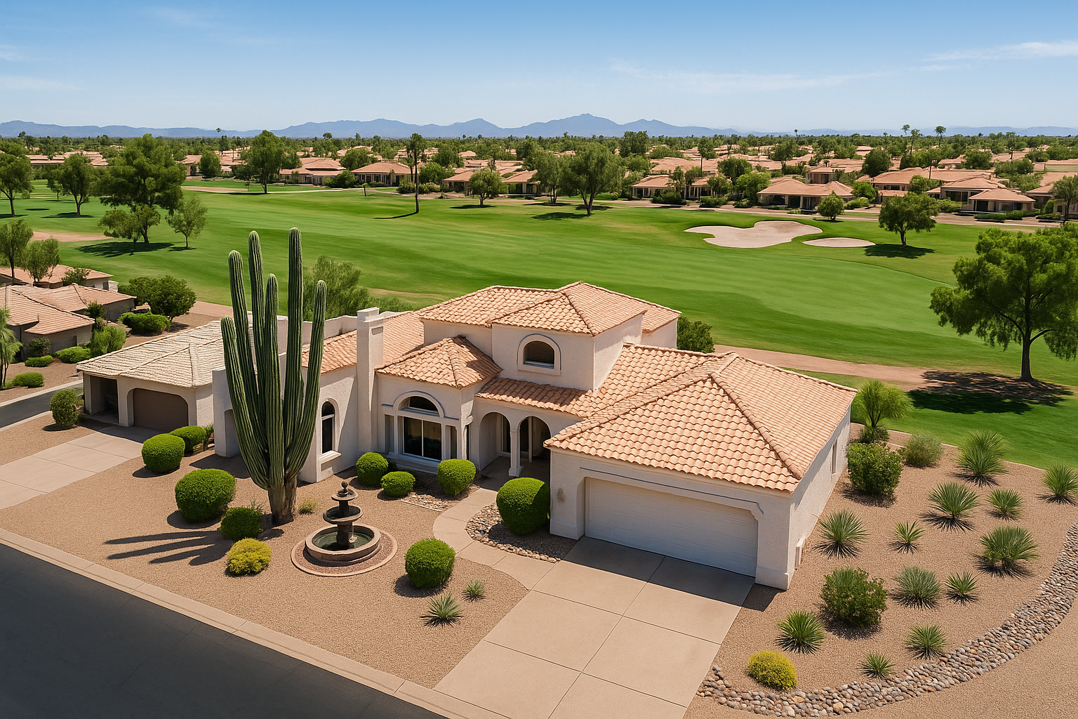 Luxury homes and golf course in Las Sendas neighborhood of Mesa Arizona