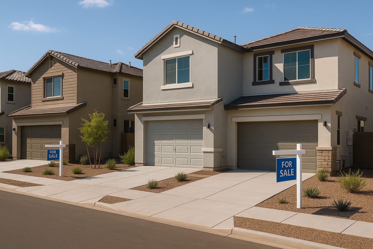 New construction neighborhood in Queen Creek Arizona showing large lots and modern homes with mountain views.