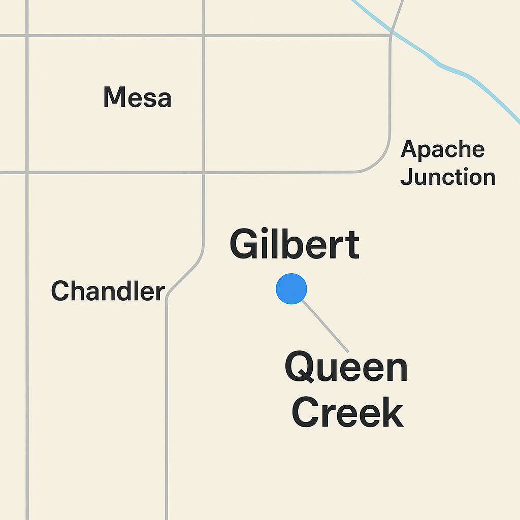 Map of East Valley highlighting Gibert and Queen Creek locations for homebuyers comparing communities.