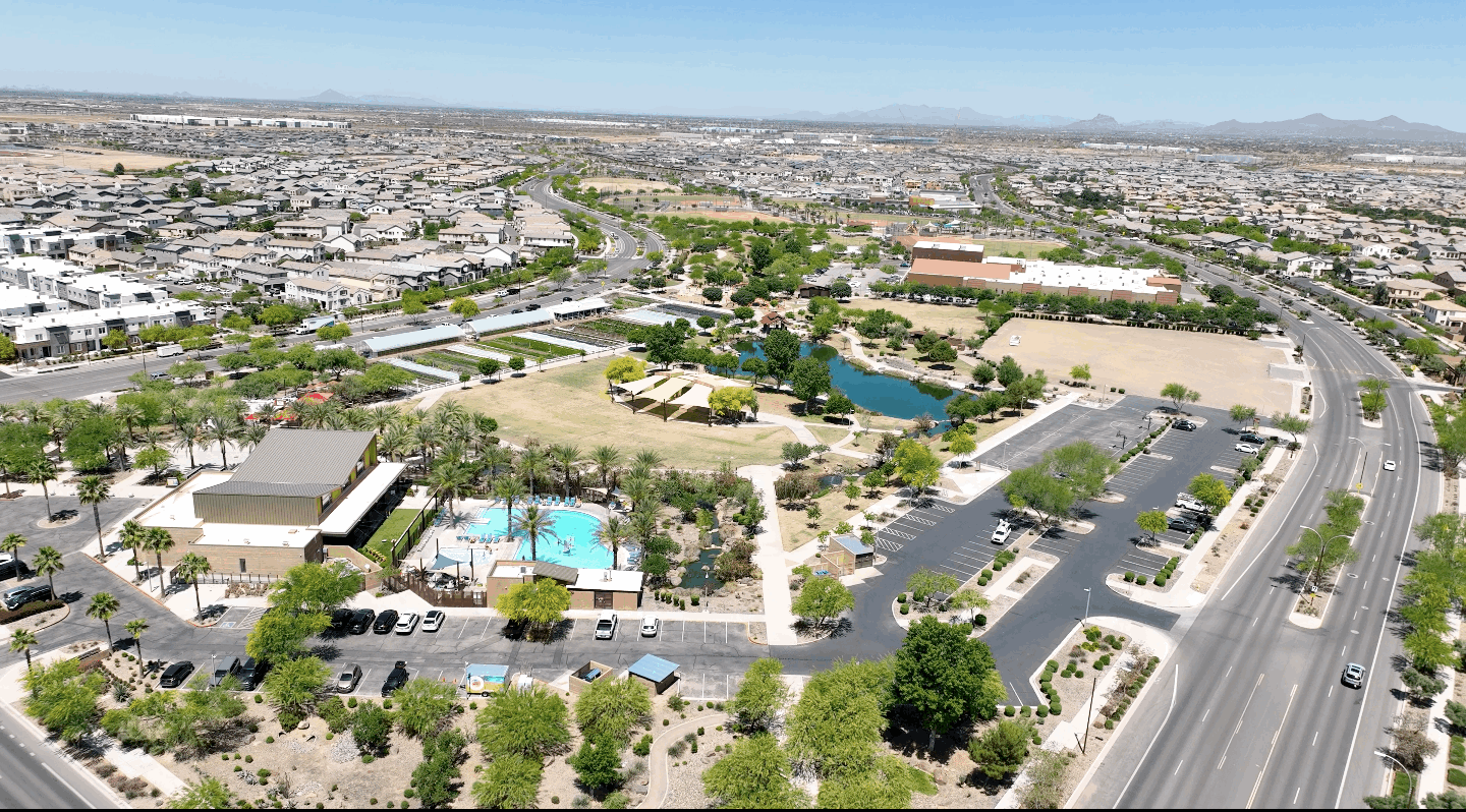 Eastmark neighborhood park in Mesa Arizona showing homes and community amenities. 