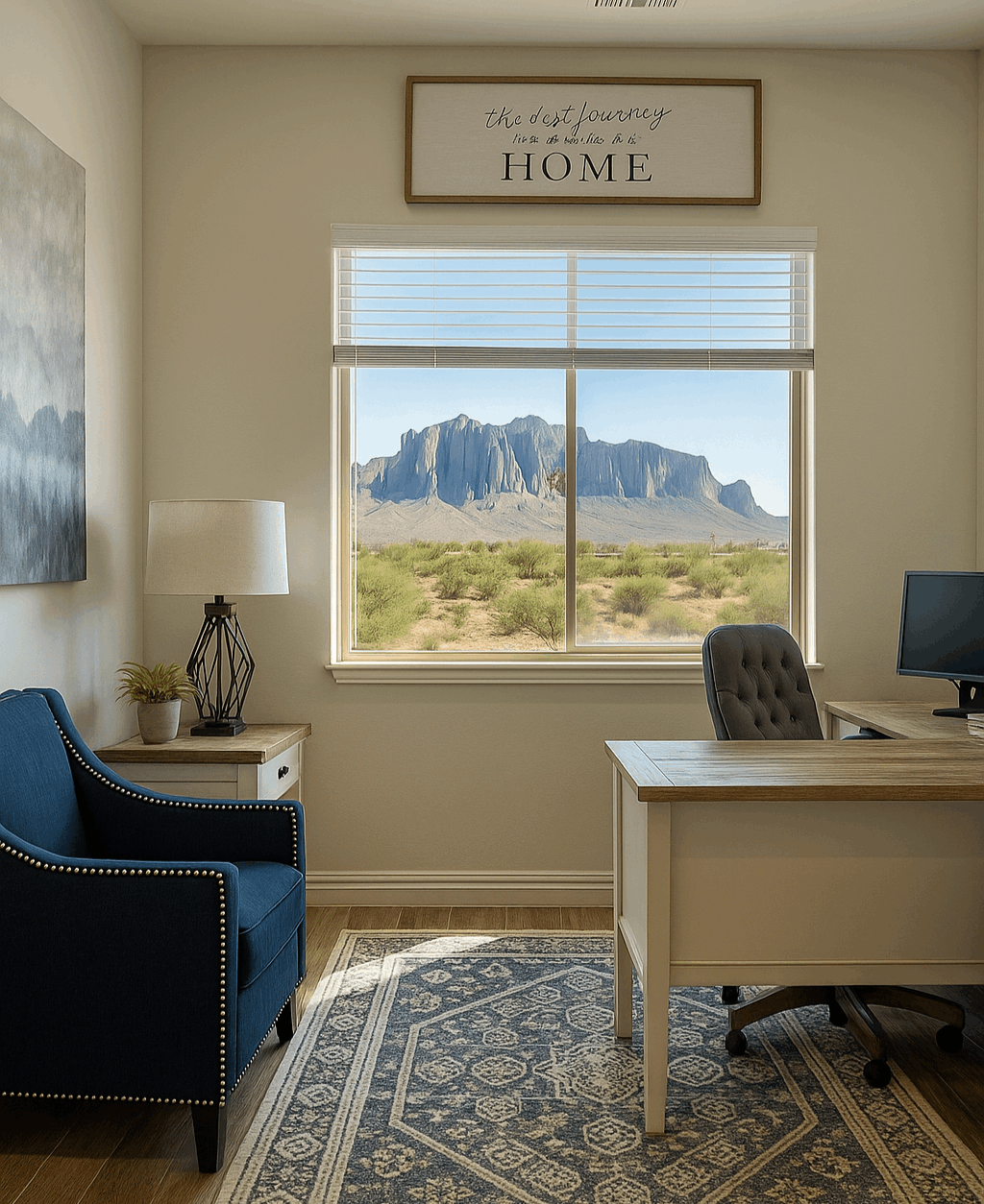 Mesa Arizona home office with mountain views and natural light. 