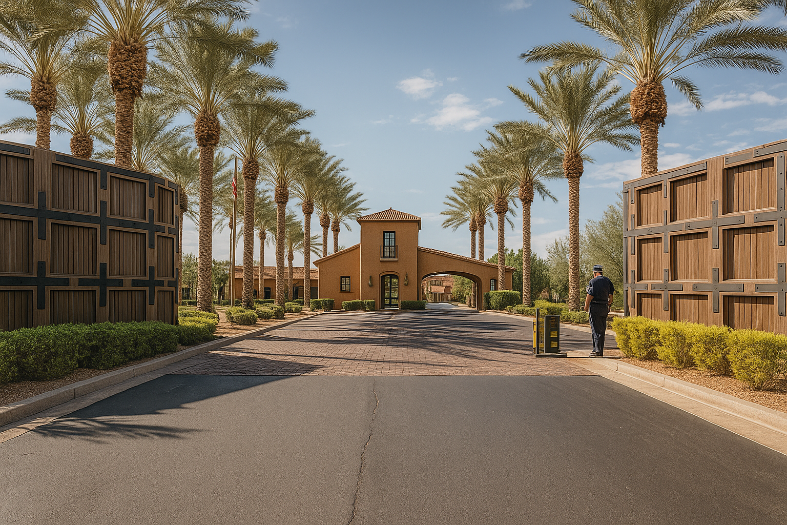 Gated HOA community in Queen Creek Arizona with maintained landscaping and guarded gate entry monument. 