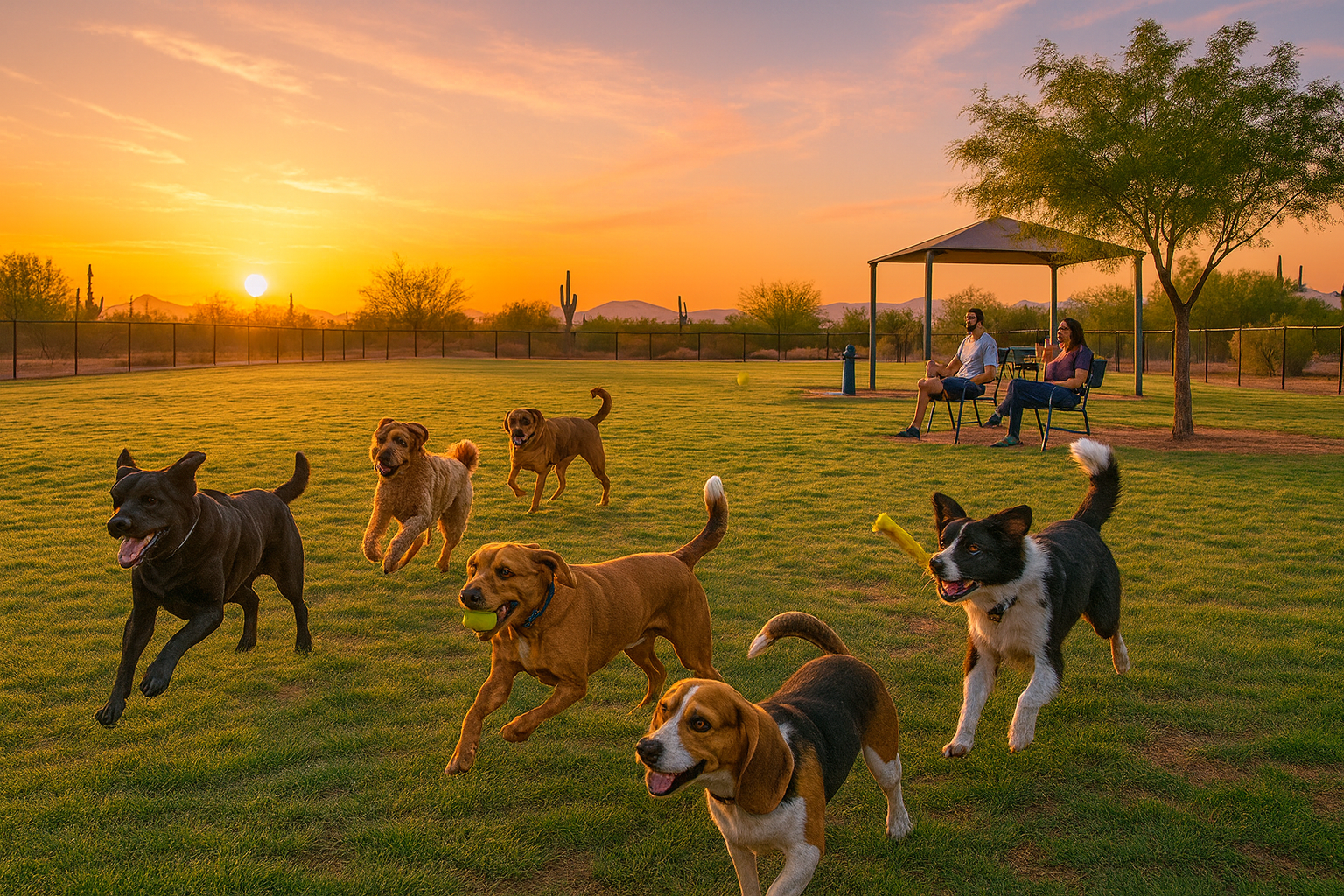 Dogs playing at Eastmark Great Park off-leash dog area in Mesa Arizona