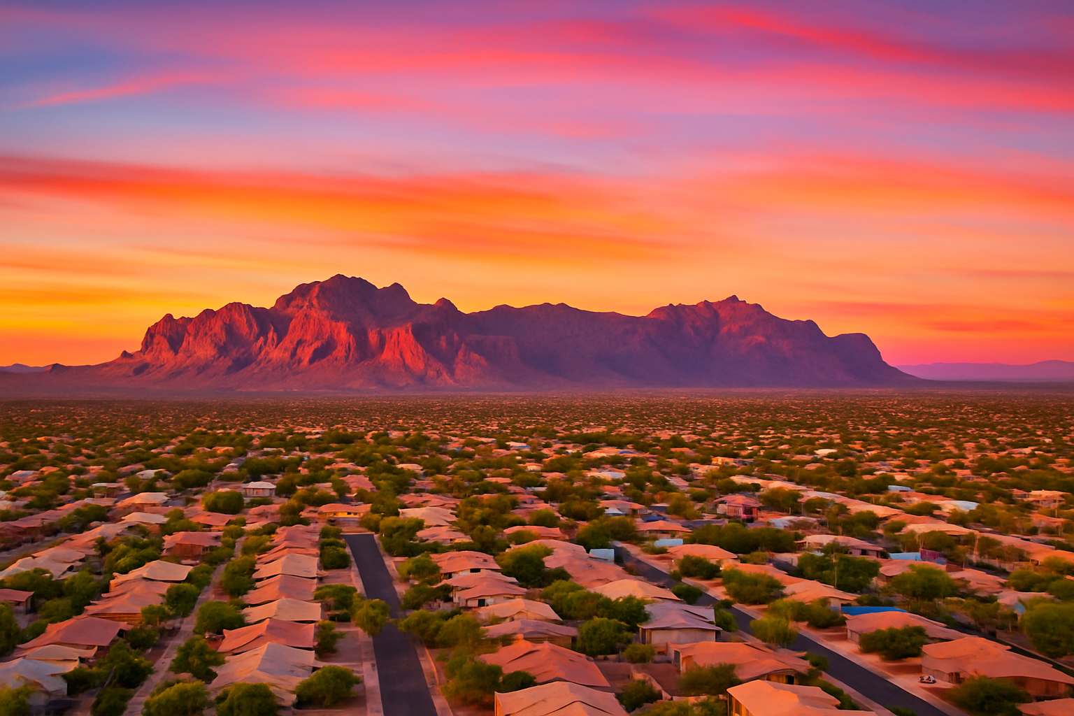 Mesa skyline at sunset with mountain views