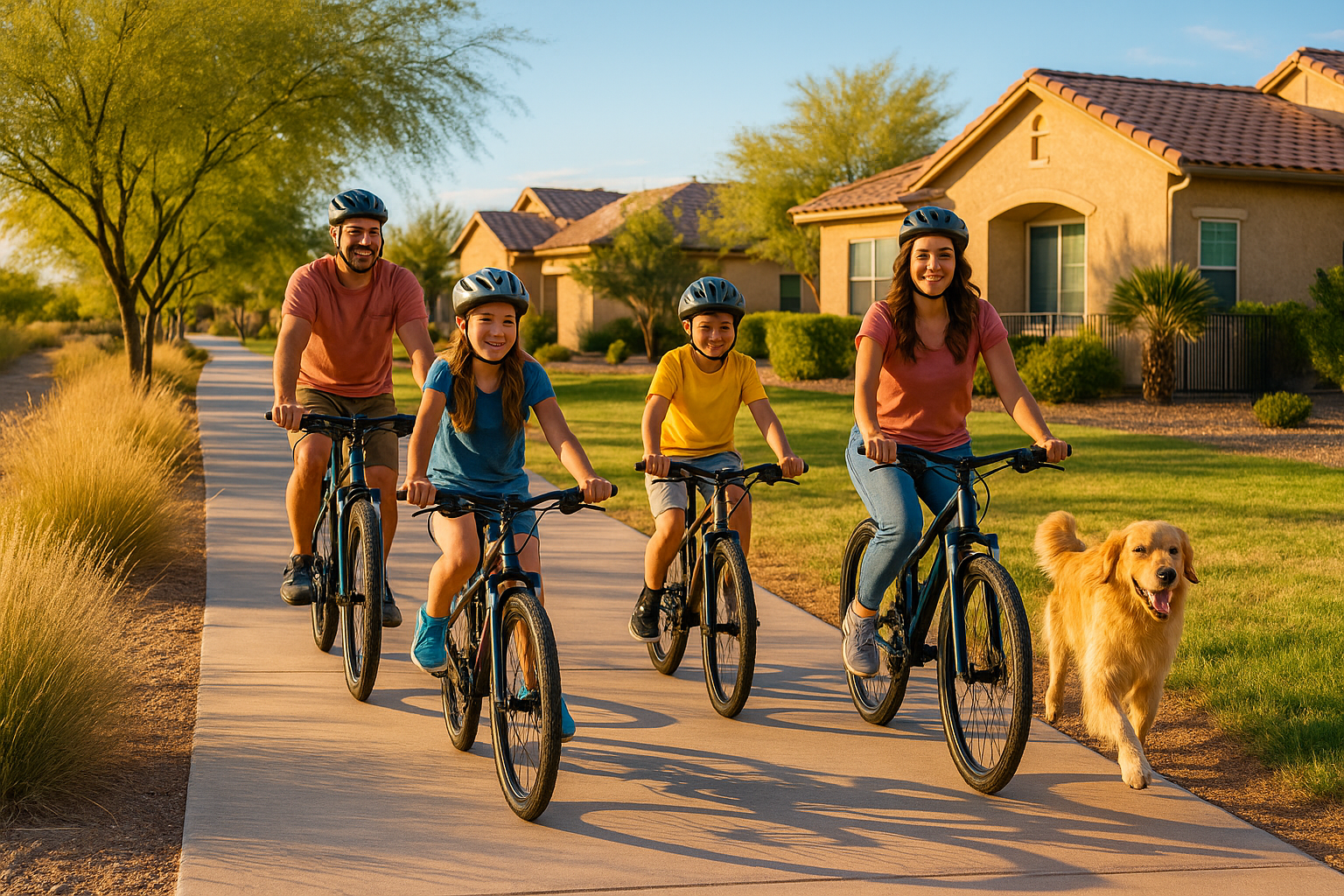 Family riding bikes through master-planned Gilbert community trail