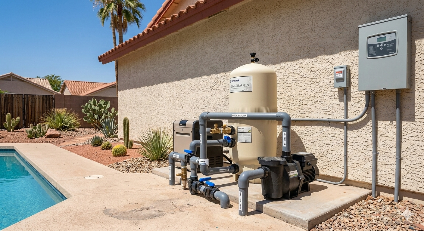 Backyard pool equipment setup in Mesa home