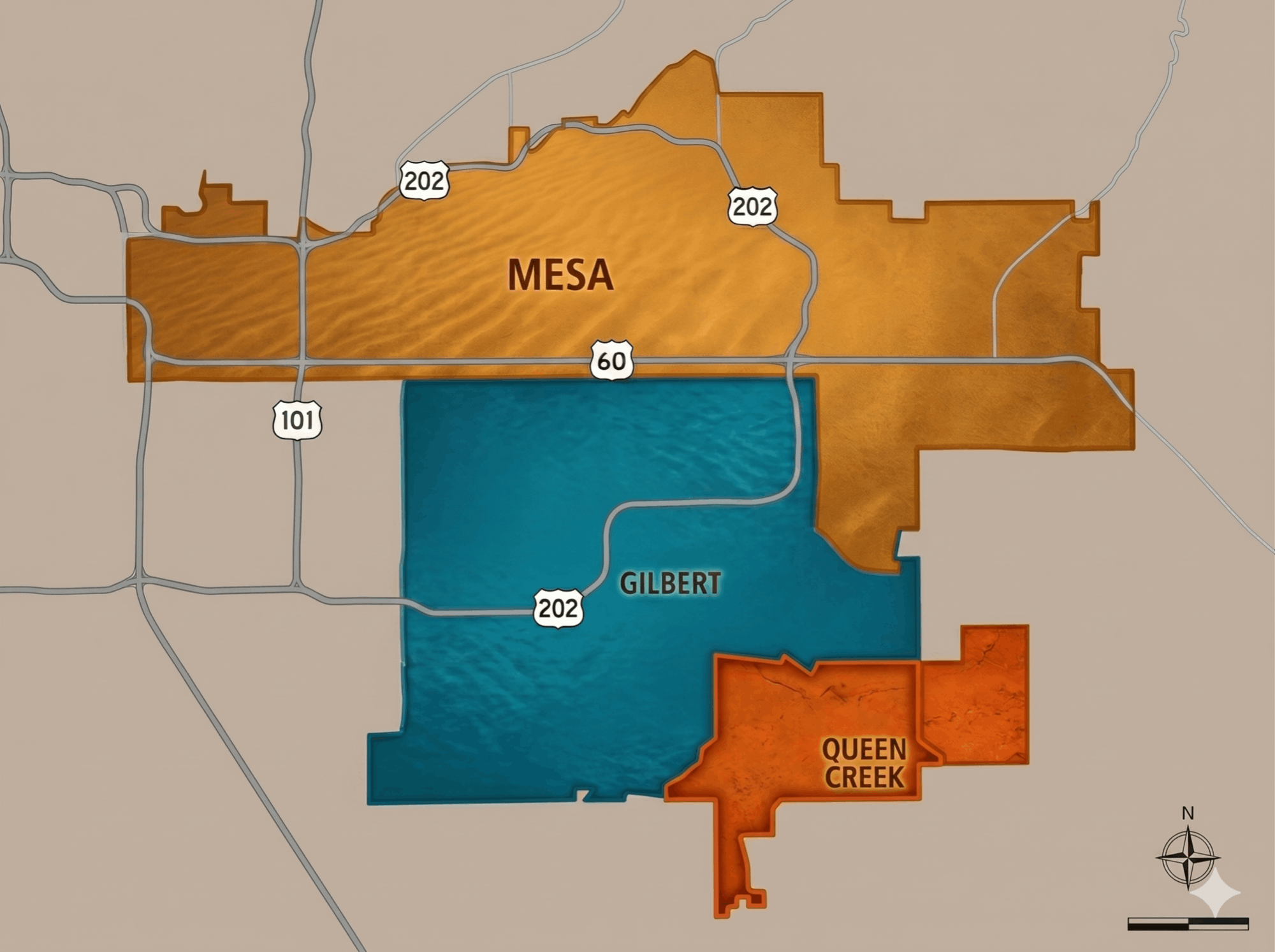 Map of Mesa Gilbert and Queen Creek Arizona comparison