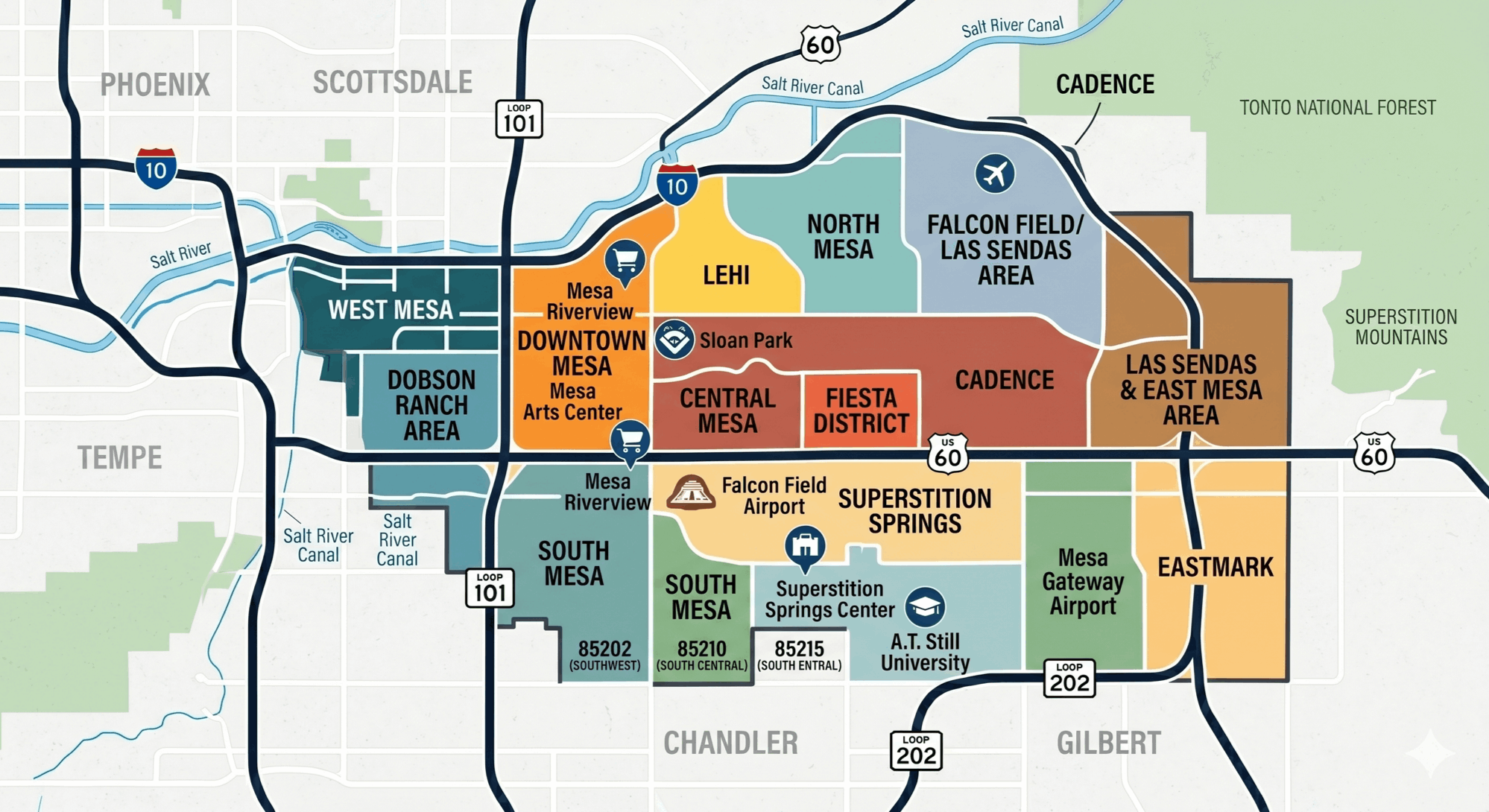Map of Mesa AZ neighborhoods with freeway access and key community areas