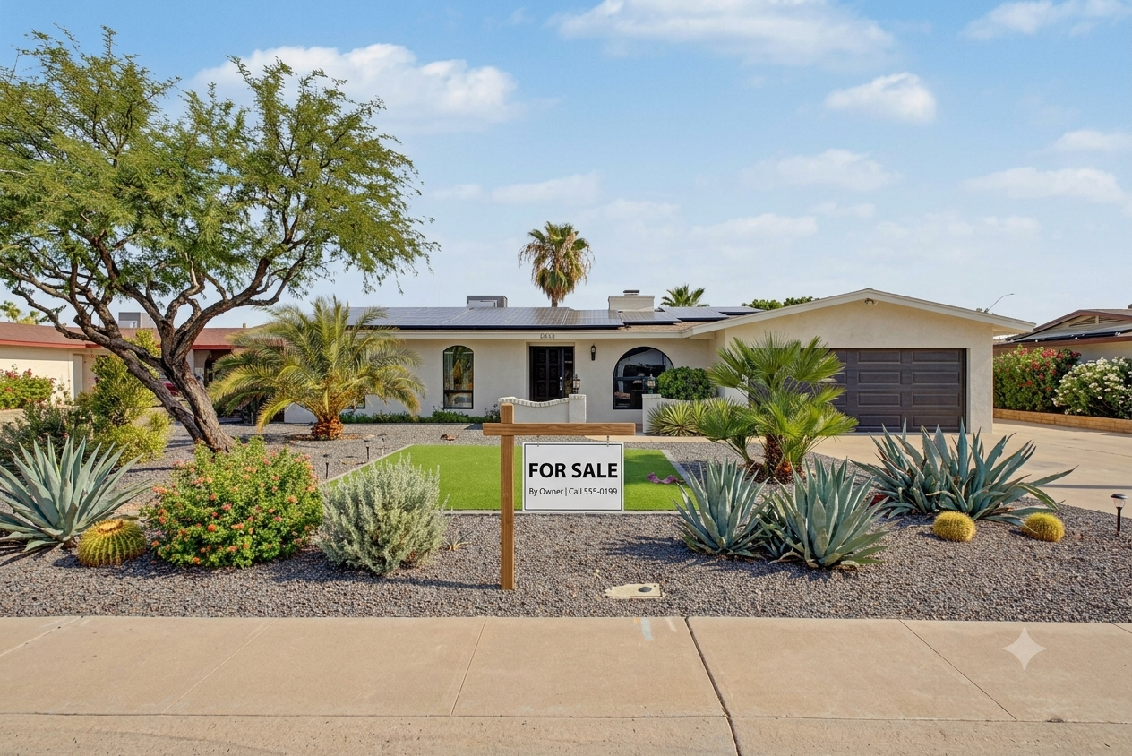 Home for sale in a Mesa, Arizona neighborhood during the late summer market.
