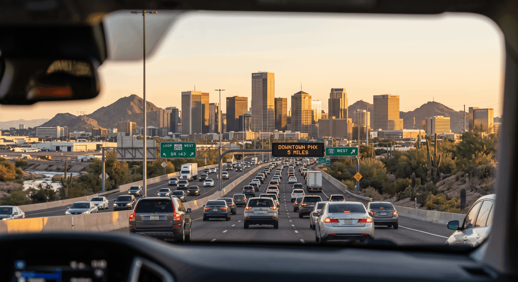 Downtown Phoenix skyline during a weekday morning commute.
