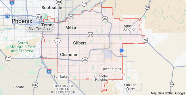  A map of the Phoenix metro area highlighting Mesa, Gilbert, Chandler, Scottsdale, Tempe, Phoenix, and Queen Creek.