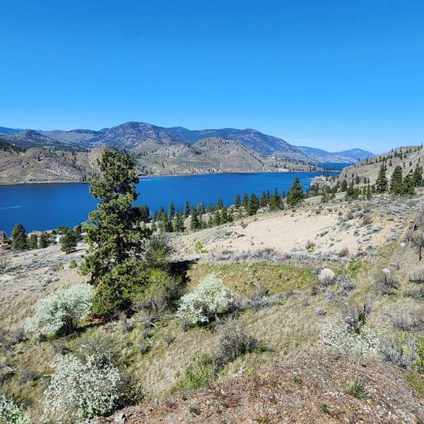 View of Skaha Lake in Okanagan Falls, dry brush in the hills and Skaha Lake in the Background.