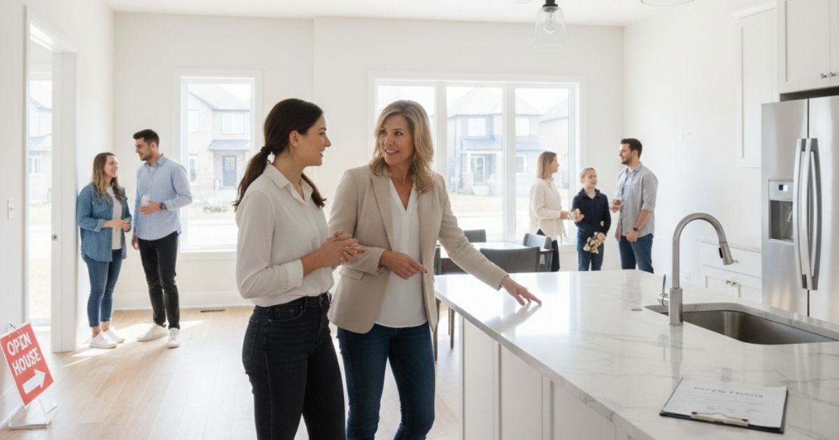 Home buying guide with residential real estate image