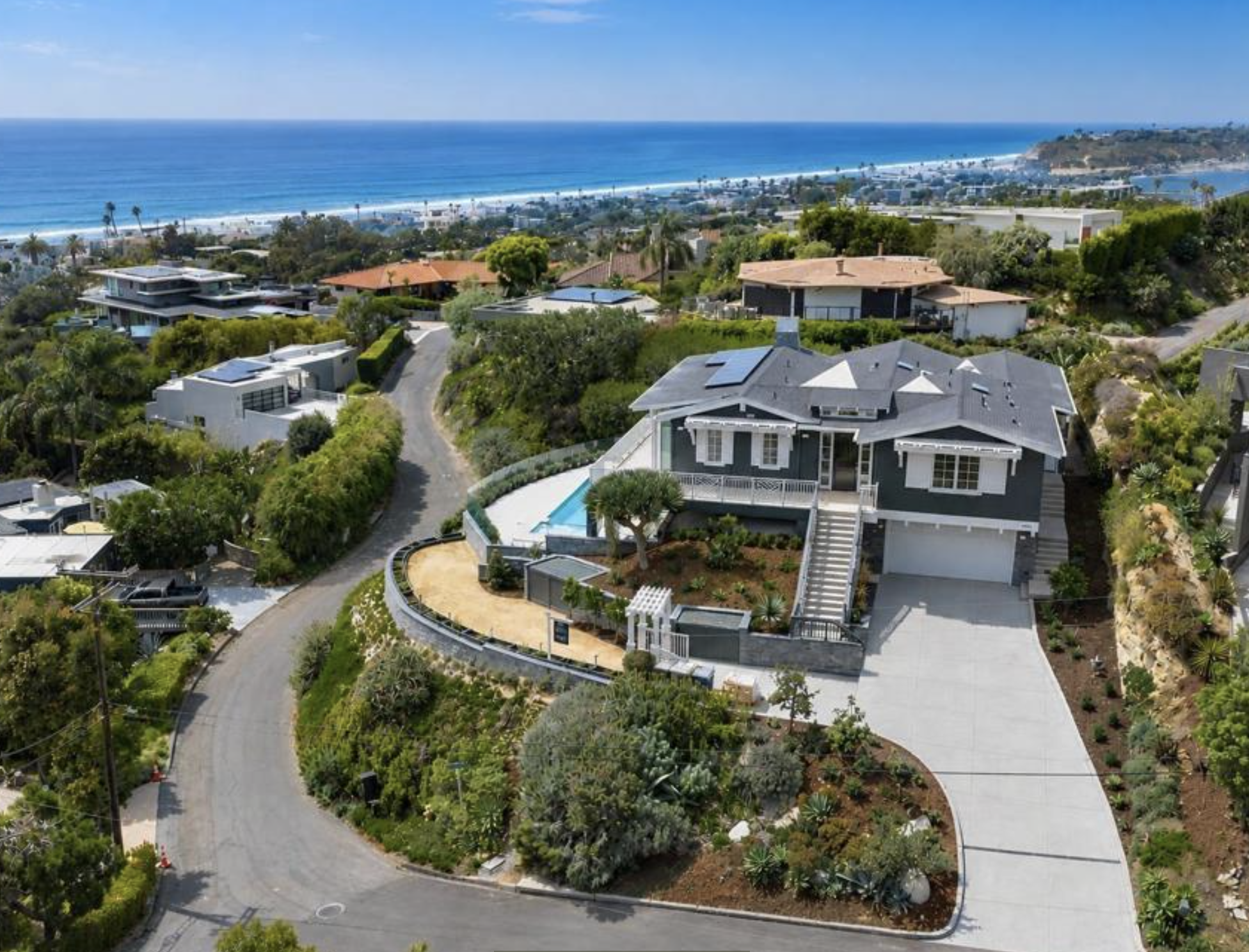 An aerial view of the luxury home at 1904 Balboa Avenue in Del Mar, California, featuring ocean views, a swimming pool, and custom coastal architecture