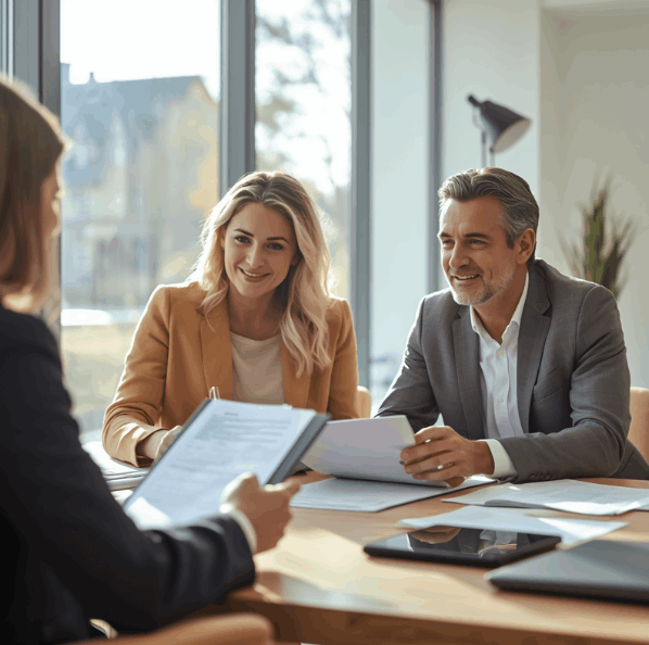 a couple sitting at a desk with a lender discussing the options of a 2-1 buydown on a luxry home purchase