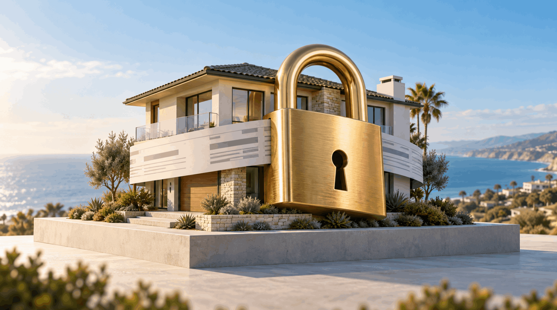 Modern coastal California home wrapped in an oversized gold padlock and tax-form ribbon.