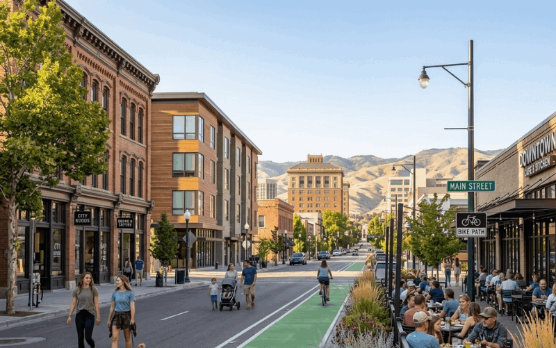 Downtown Boise street scene with local businesses, walkable streets, and foothills in the background