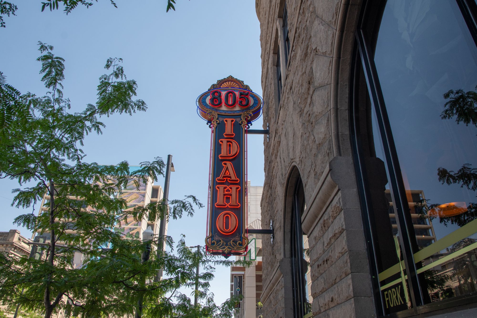 Downtown Boise Idaho street with historic Idaho sign
