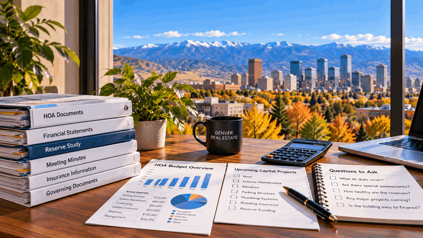 Denver condo HOA financial documents, reserve study, meeting minutes and budget materials being reviewed before purchase