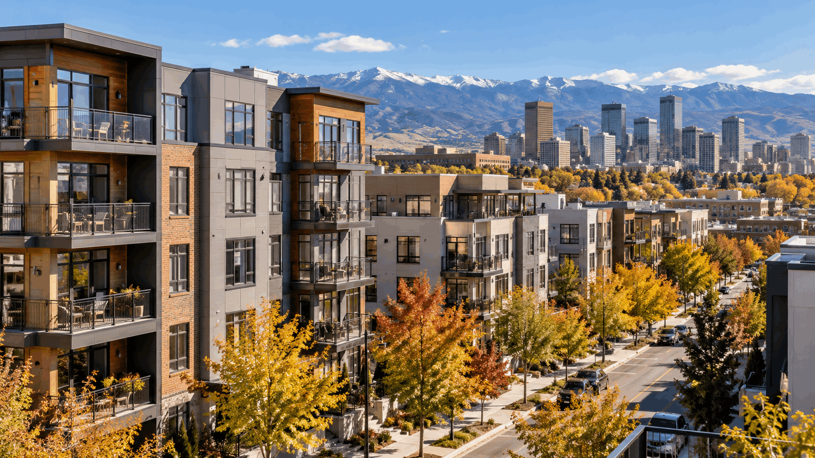 Denver condominium buildings with the downtown skyline and Rocky Mountains in autumn