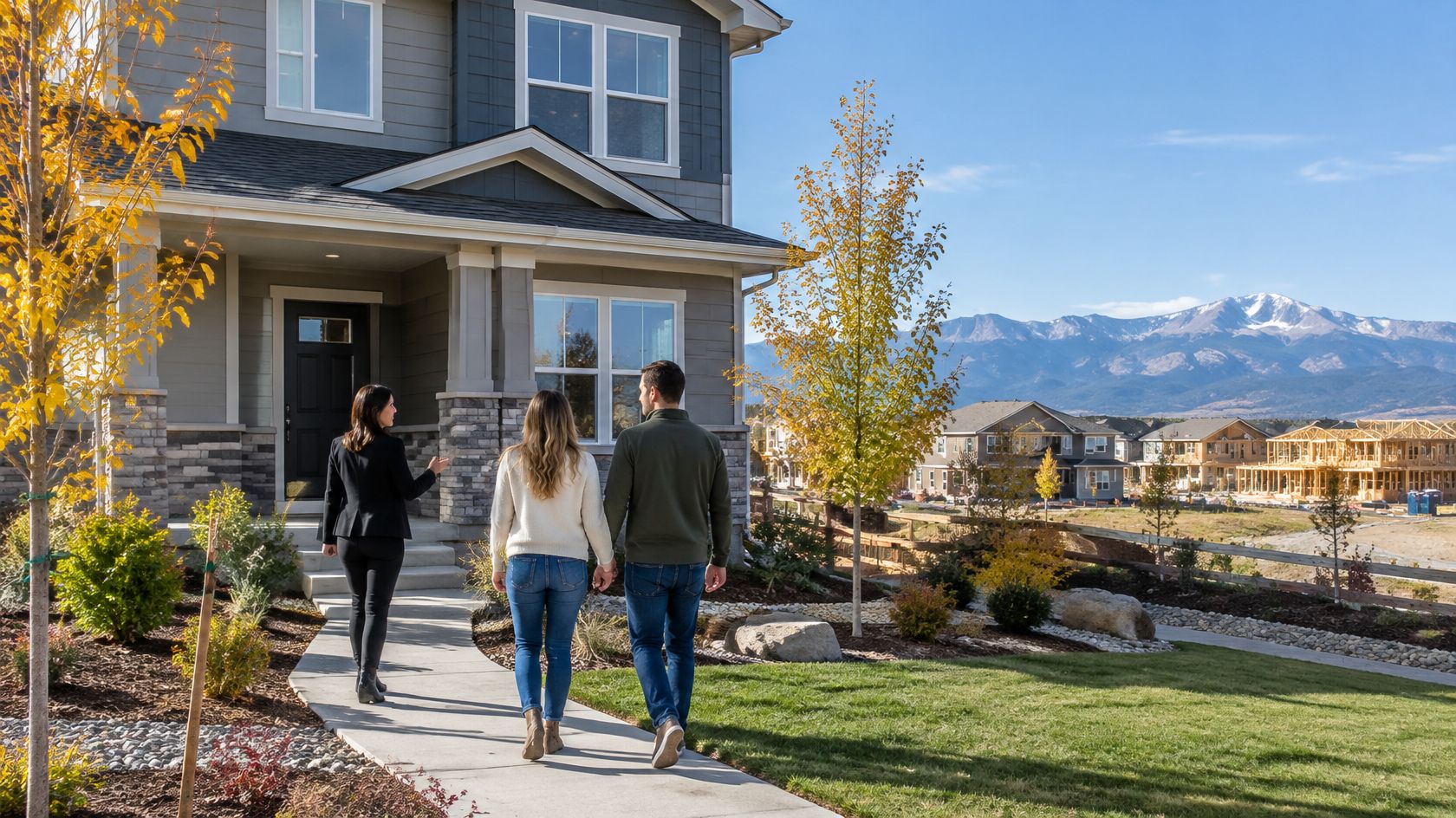 Home buyers touring a newly built home in a suburban Denver new-construction neighborhood with the Rocky Mountain Front Range in the background