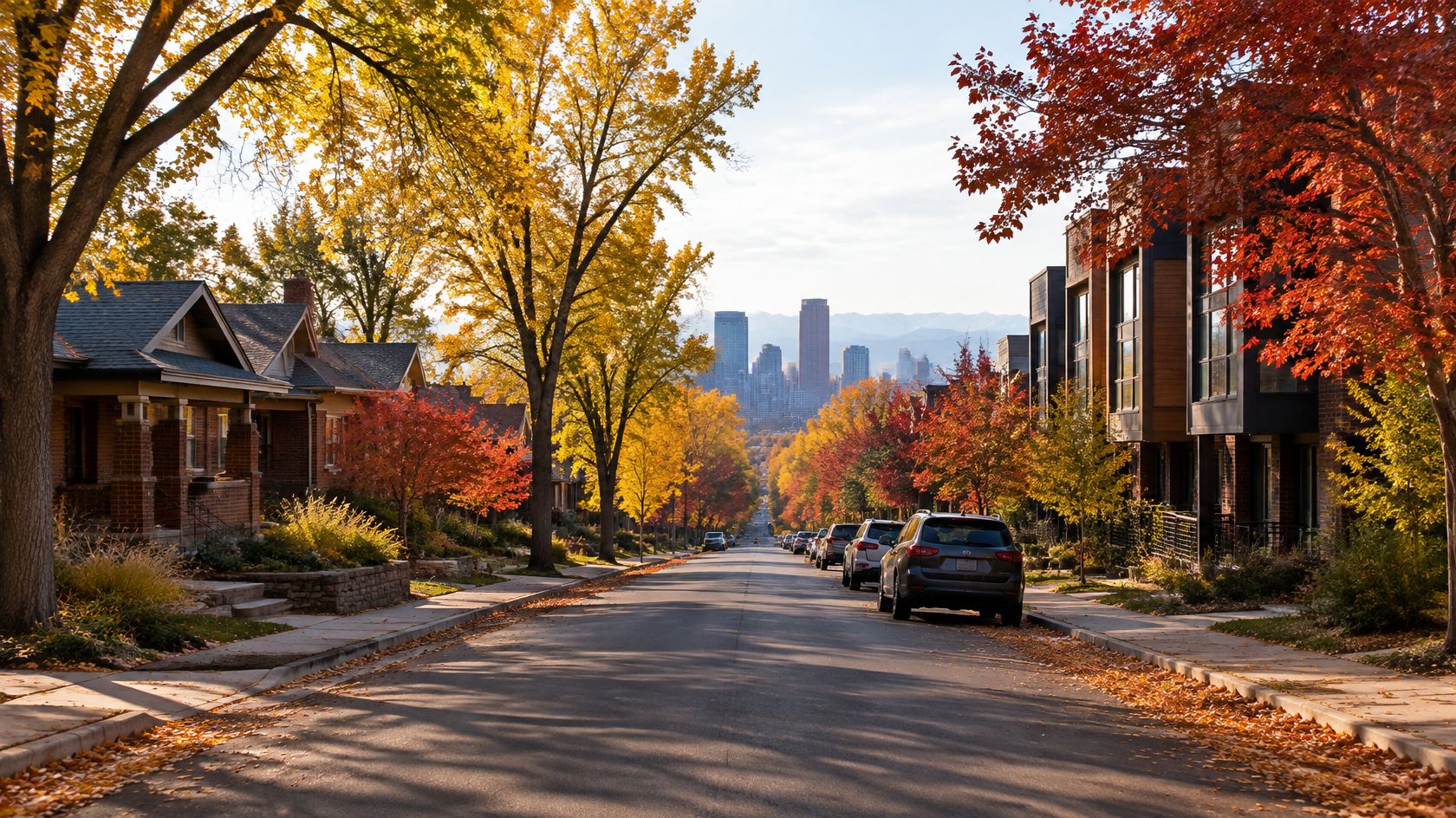 Tree-lined Denver neighborhood street in autumn with brick bungalows, newer townhomes, and the downtown skyline in the distance