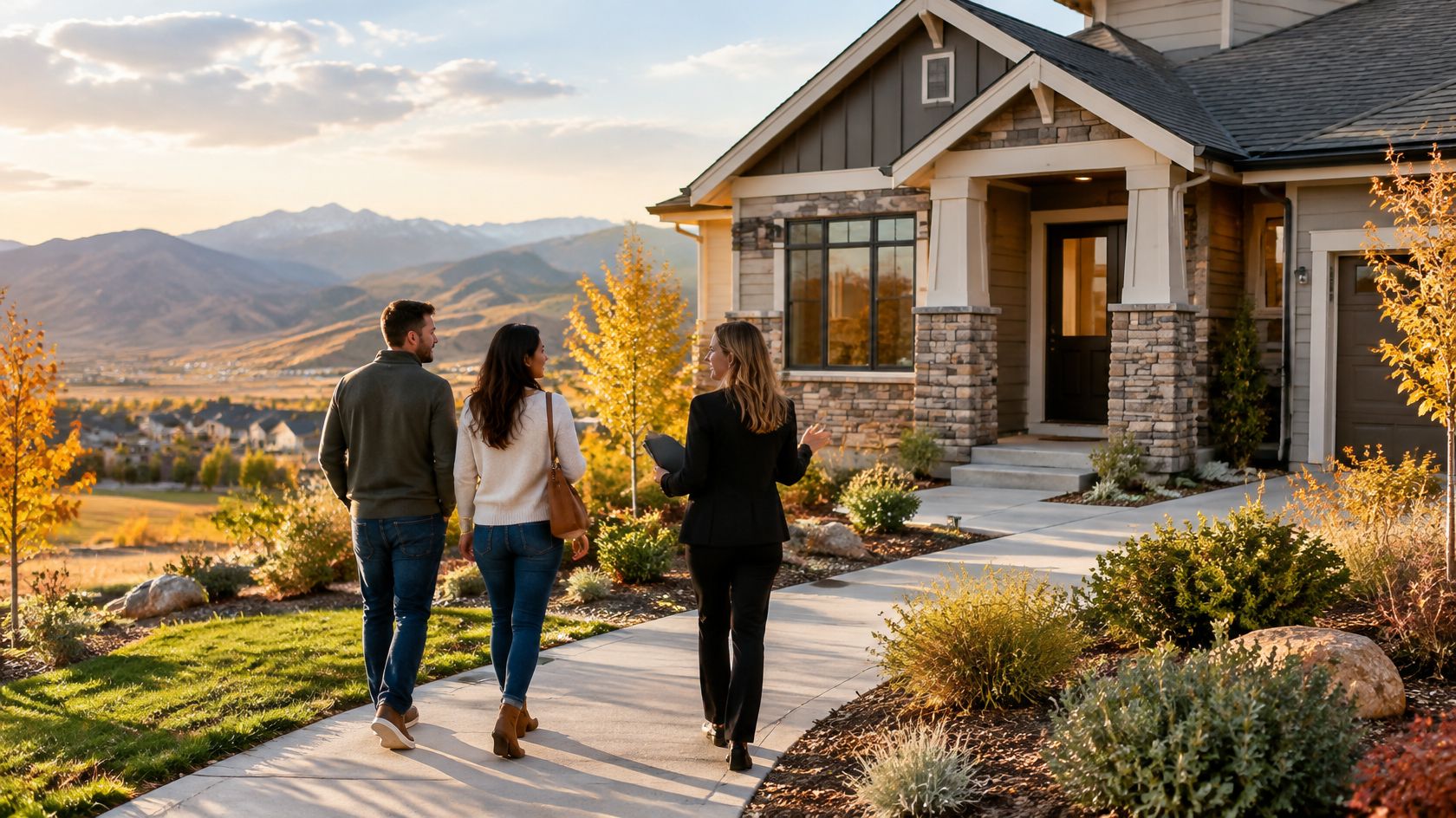 Prospective homebuyers touring a newly built home in a Denver-area neighborhood with Colorado mountain scenery.