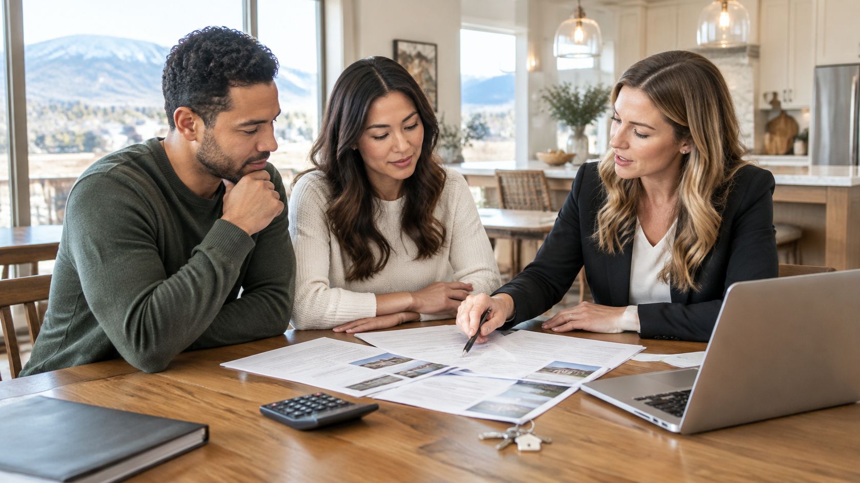 Homebuyers reviewing builder mortgage rate buydowns and closing cost options with a financing advisor.