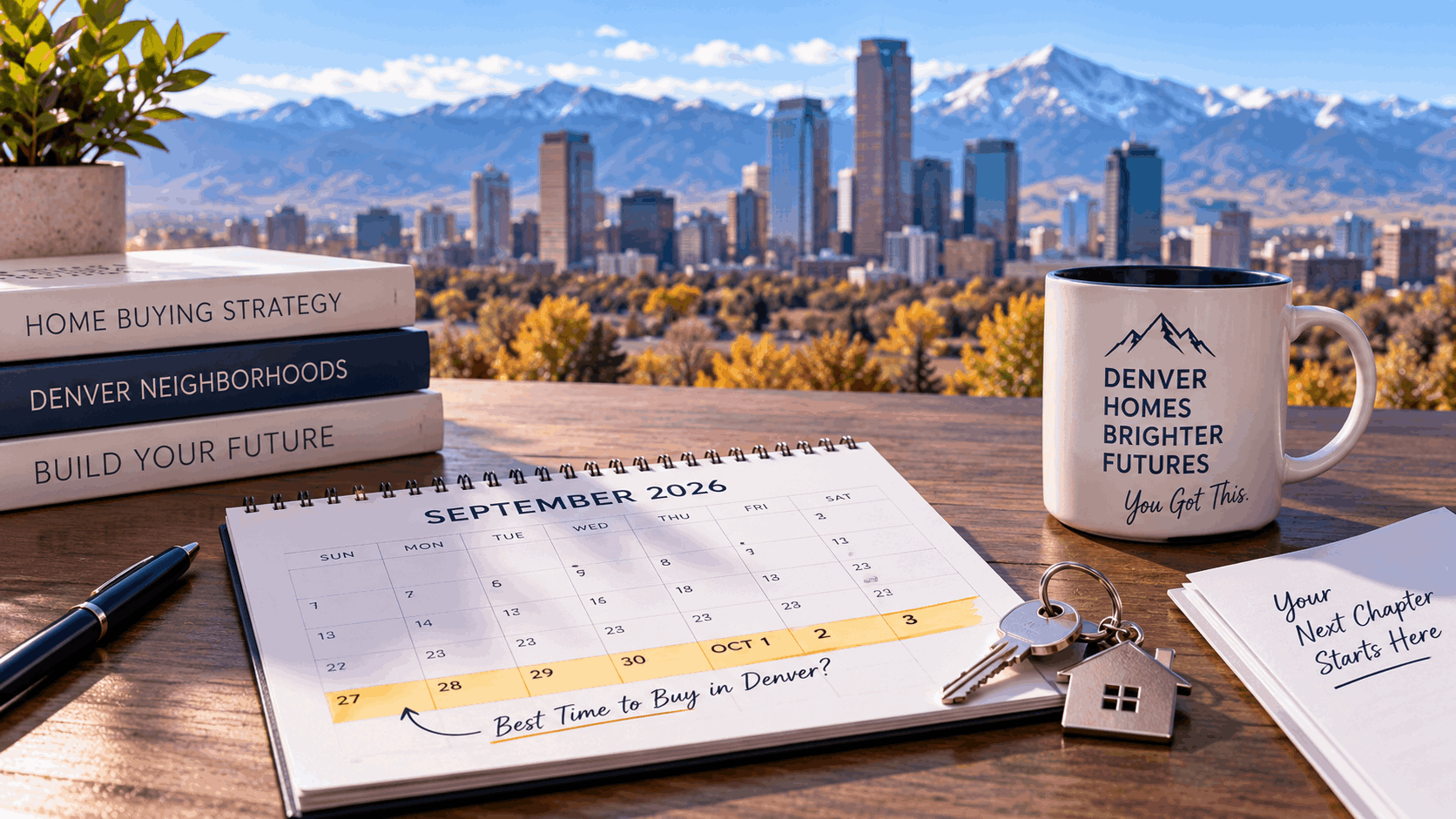 Denver homebuying calendar highlighting September 27 through October 3 with house keys, fall colors, the Denver skyline and Rocky Mountains
