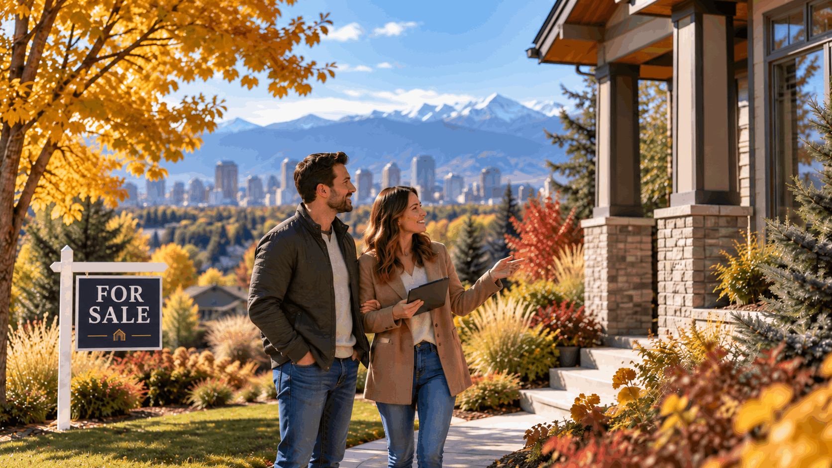 Home buyers touring a Denver-area house during the fall with autumn foliage, the Denver skyline and Rocky Mountains in the background