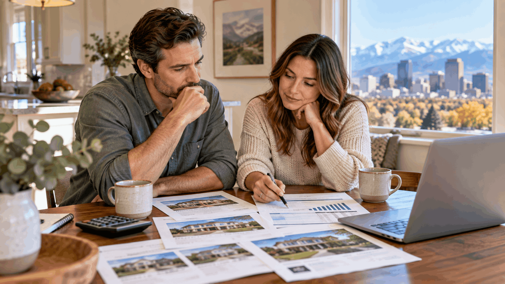 Denver homeowners reviewing a listing presentation and local market statistics while deciding whether to sell their home in fall or wait until spring