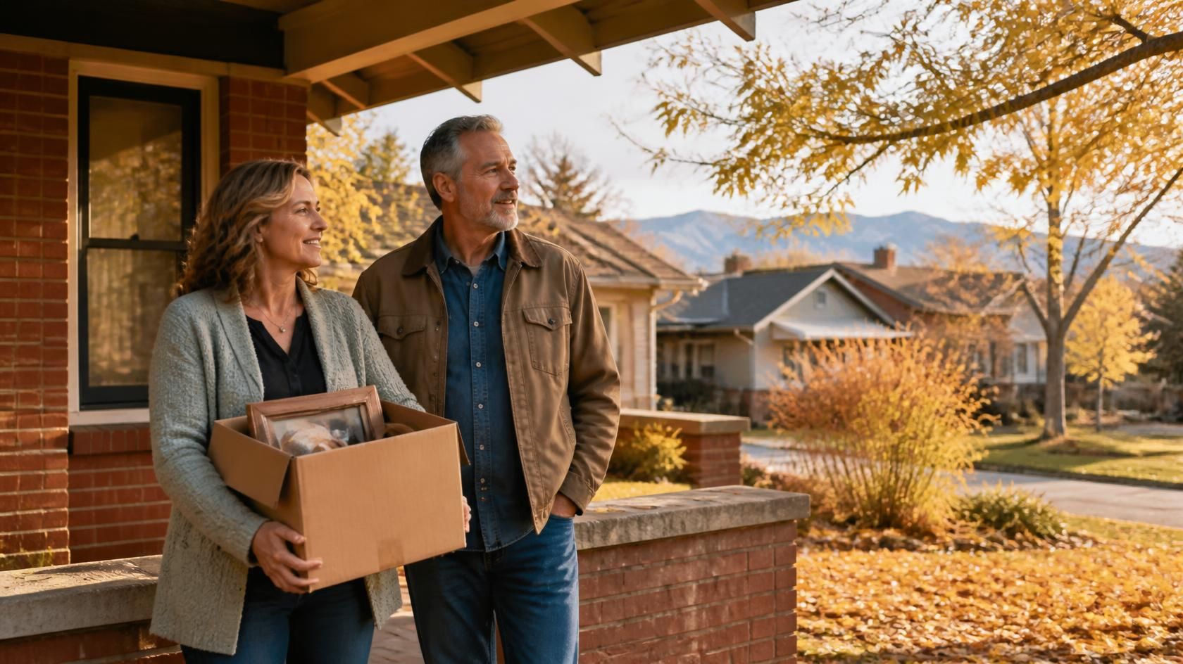 Adult siblings on the front porch of an older Denver brick bungalow in autumn, deciding what to do with an inherited home
