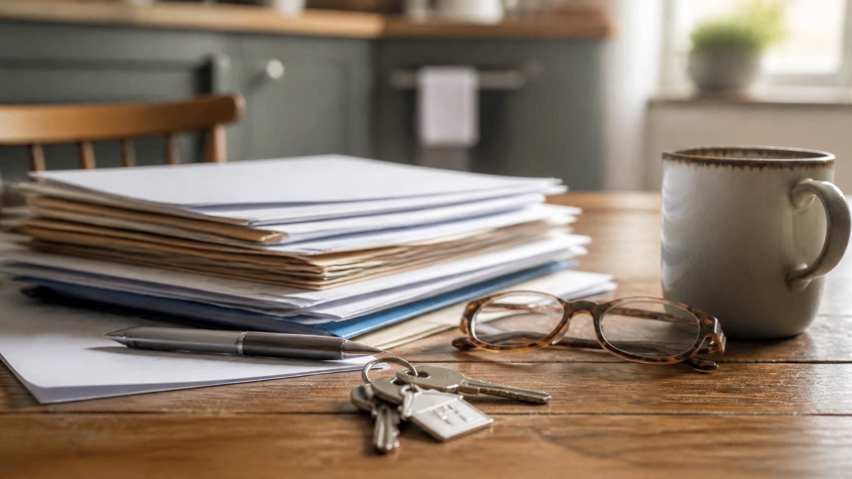 Estate paperwork, house keys, and reading glasses on a kitchen table as a family prepares for Colorado probate
