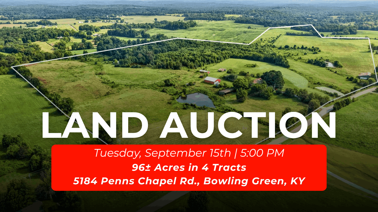 Land Auction, Tuesday September 15th at 5:00 pm. 96 +/- Acres in 4 Tracts. Property Located at 5185 Penns Chapel Road, Bowling Green KY