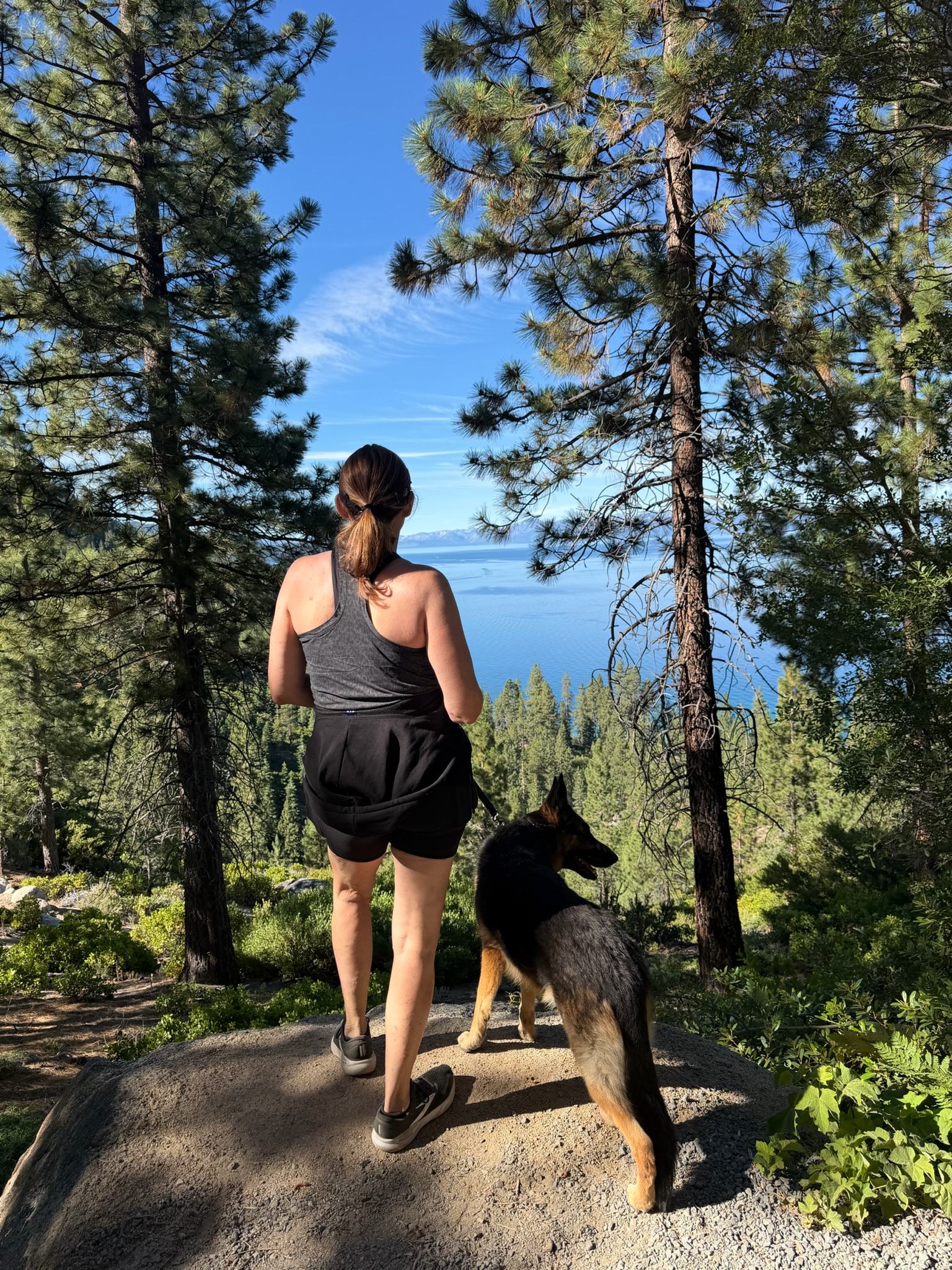 Michelle hiking at Lake Tahoe with her dog Bella