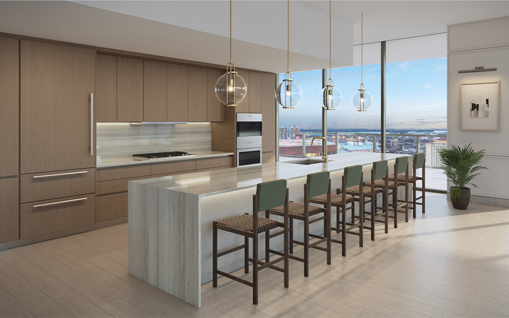 Kitchen with island and views