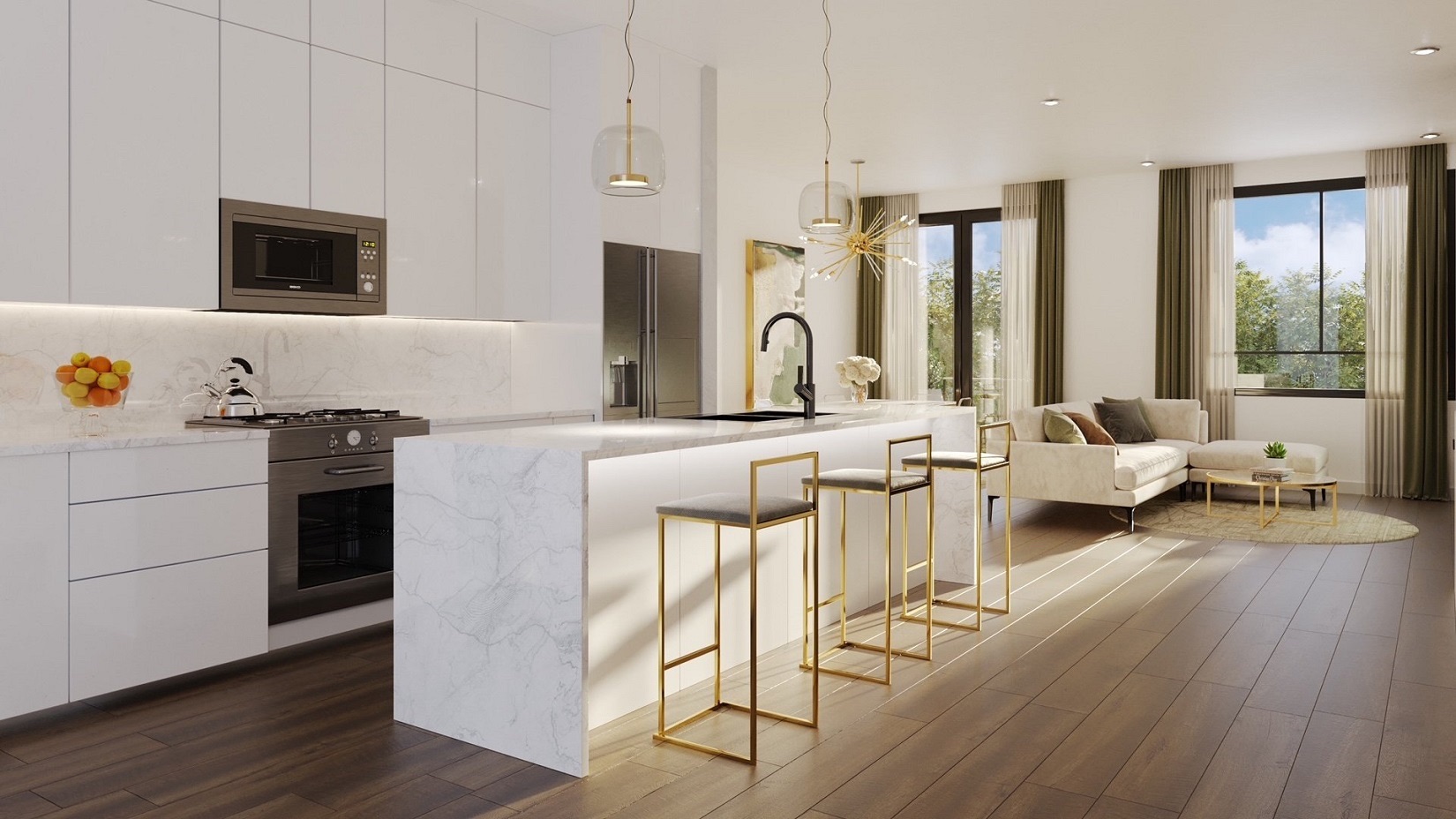 Open‑concept kitchen and living area in model home