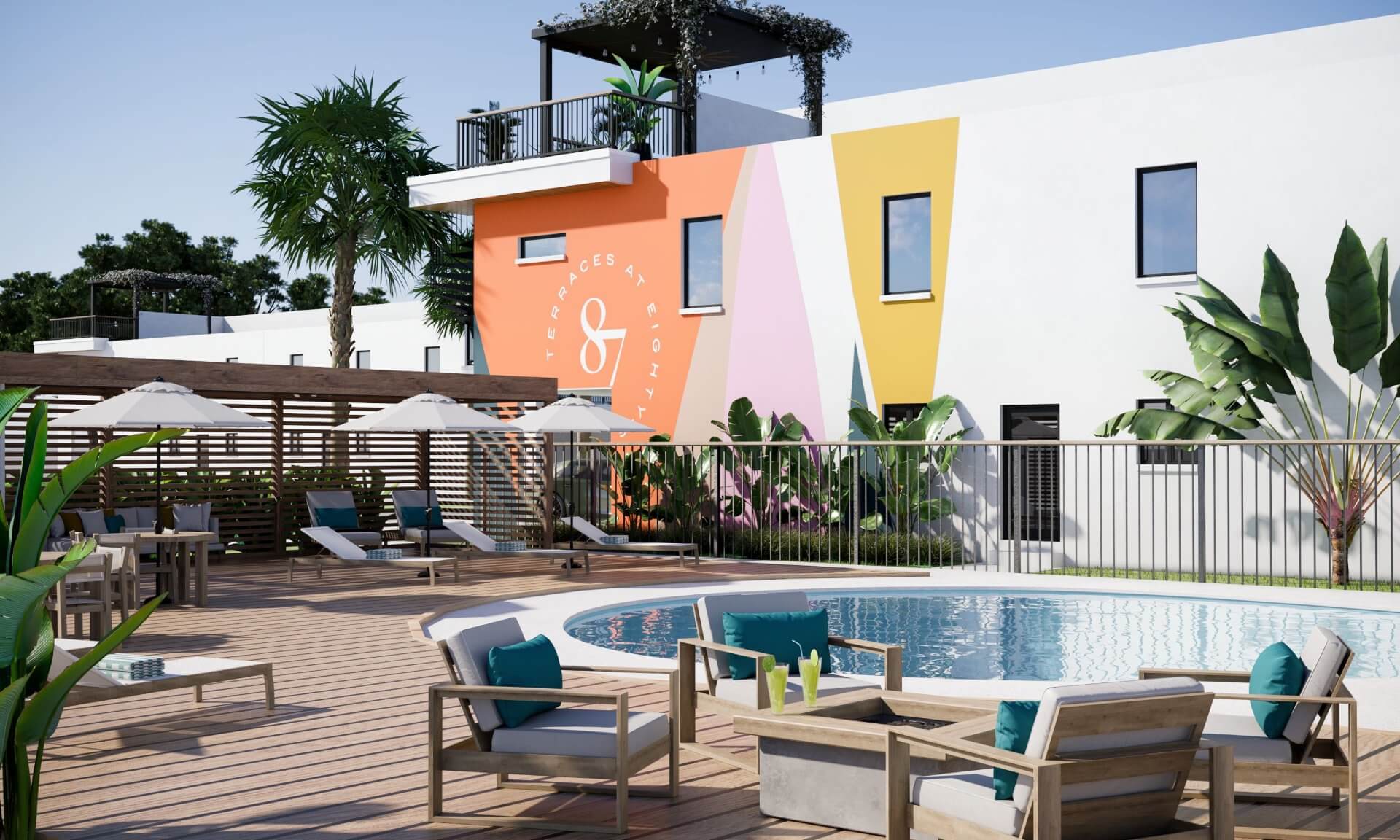 Amenity pool deck with cabanas and palm landscaping