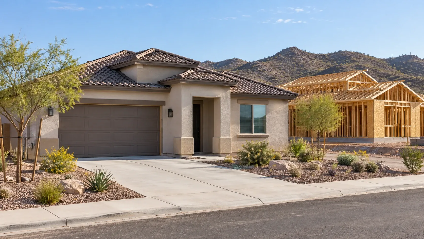 Completed Southwestern home beside a home under construction.