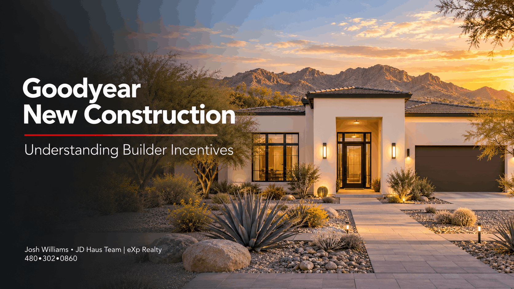 Modern single-story new construction home in Goodyear, Arizona at sunset with desert landscaping and mountain views.