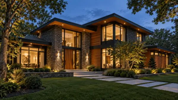 Modern luxury home at dusk with warm lighting and landscaped grounds — Josh Williams Real Estate