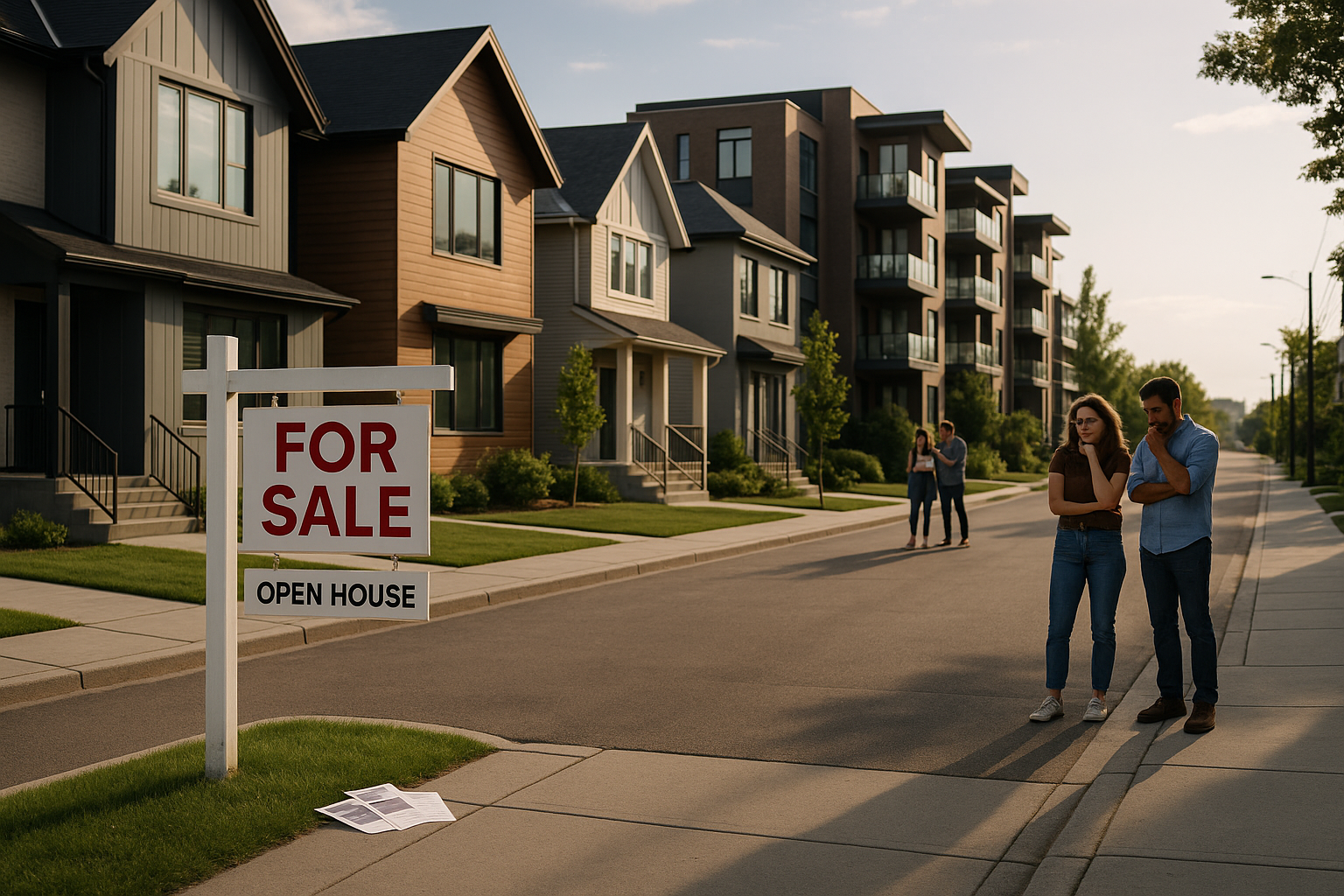 Photorealistic image of a modern Calgary street lined with new homes and condos. Sidewalks and driveways are empty, highlighting the absence of first-time home buyers. A “For Sale” sign and open house flyers are visible in the foreground. In the background, a few young couples look at listings with concerned expressions. The scene is bathed in natural evening sunlight, creating a quiet, somber atmosphere that suggests a hidden crisis in the real estate market.