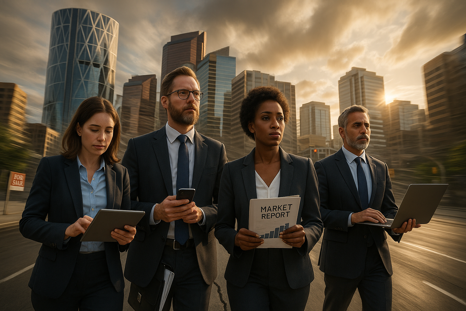 Photorealistic scene of downtown Calgary’s skyline in summer 2025, with buildings subtly shifted to suggest an earthquake. In the foreground, a diverse group of confident real estate investors stand calmly, analyzing data on laptops and tablets. Golden sunlight breaks through dramatic clouds, highlighting the tension and opportunity in the market. Subtle real estate signs and blueprints reinforce the investment theme.