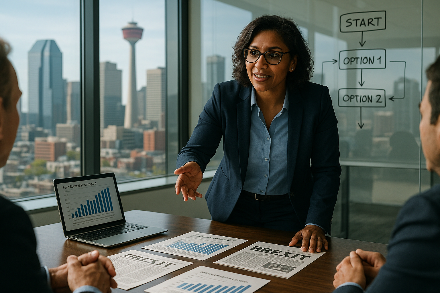 Photorealistic image of a Calgary real estate advisor discussing market strategy with clients at a modern conference table, overlooking the Calgary skyline. Market reports, a laptop with data, and a newspaper about Brexit are spread out in front of them. A decision matrix is visible on a glass wall in the background, emphasizing analytical planning. The scene is sharp, professional, and highlights the application of global lessons to local real estate strategy.