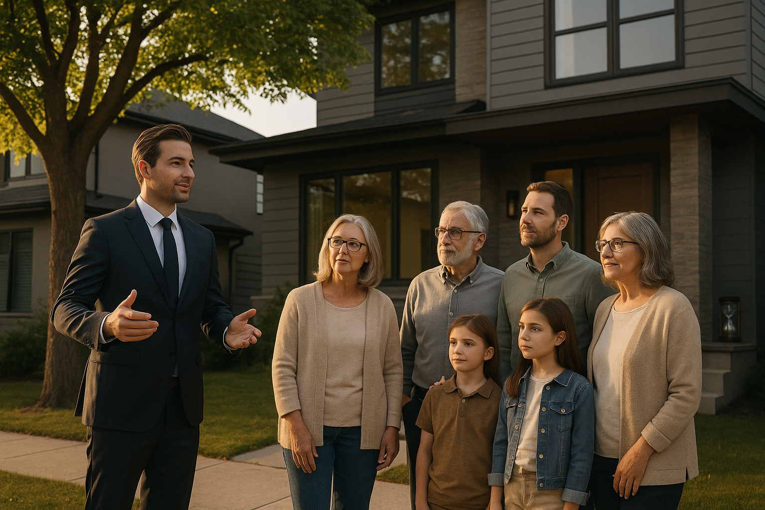 Photorealistic image of a Calgary real estate agent showing a modern home to a multigenerational family—grandparents, parents, and children—standing together in front of the house. The group looks thoughtful, discussing long-term plans. A large, healthy tree and a subtle hourglass in the background symbolize longevity. The scene is warmly lit by the evening sun, evoking optimism and a fresh perspective on real estate investment.