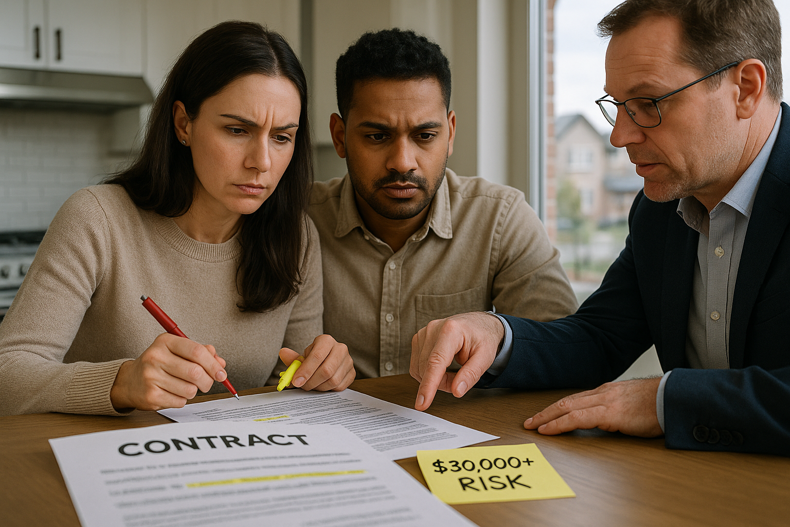 Photorealistic image of a concerned homebuyer couple reviewing a real estate contract at a kitchen table, with highlighted hidden clauses and a note indicating “$30,000+ Risk.” A professional real estate agent sits across from them, explaining the fine print. The scene is set in a modern Calgary home with natural daylight, emphasizing the seriousness of hidden contract costs.