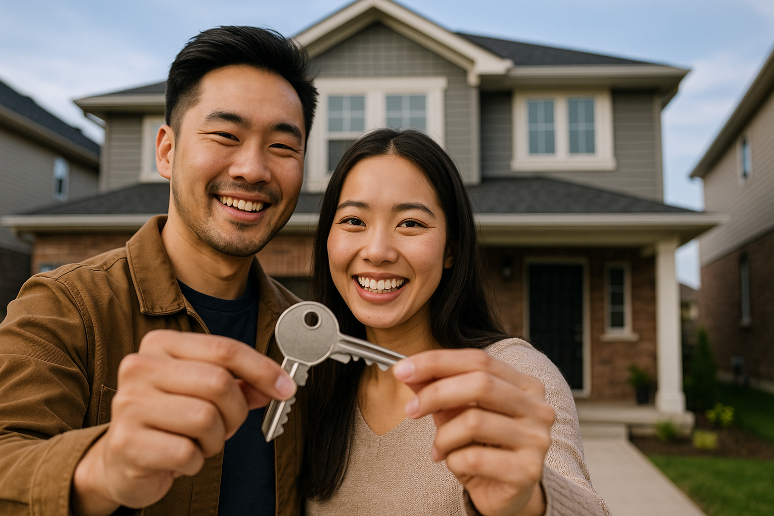 Asian couple holding the keys to their new house using the new tax rebate 