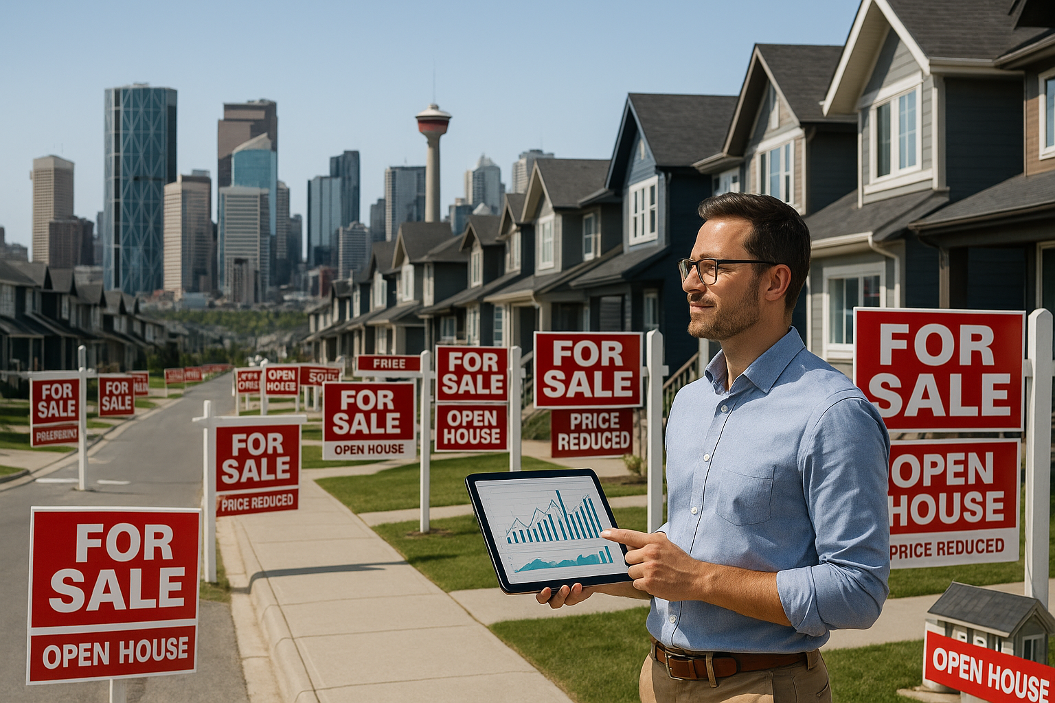 Photorealistic image of a modern Calgary neighborhood with multiple “For Sale” signs in front of new homes. In the foreground, a confident real estate investor examines market data on a tablet, while the skyline of Calgary is visible in the distance. The scene is bright, energetic, and highlights the abundance of available properties and new opportunities in the market.