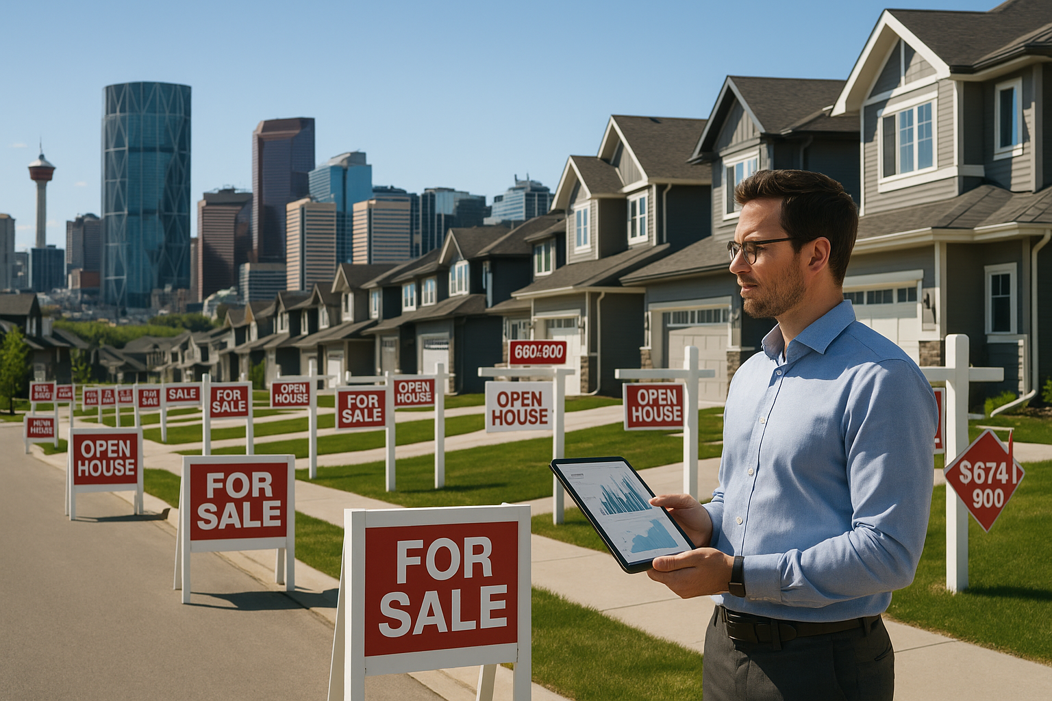 Photorealistic image of a modern Calgary neighborhood with multiple “For Sale” signs in front of new homes. In the foreground, a confident real estate investor examines market data on a tablet, while the skyline of Calgary is visible in the distance. The scene is bright, energetic, and highlights the abundance of available properties and new opportunities in the market.
