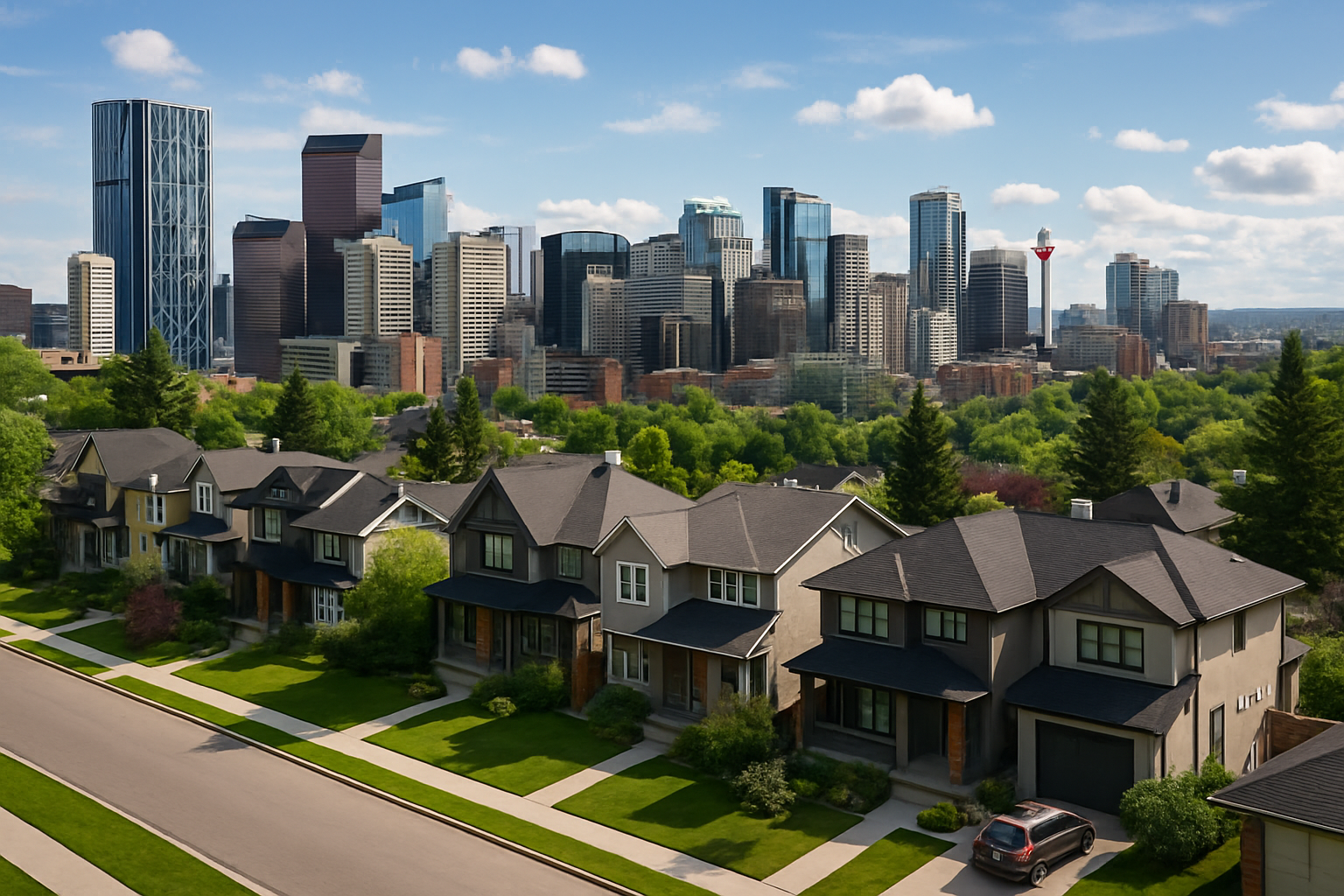 Image of calgary skyline with line of houses 